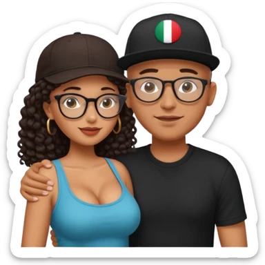 A picture of an embracing tanned couple. the man is a Mexican man with tanned skin, with a bald hair cut wearing a SnapBack hat and a black shirt. the woman has glasses on with long curly dark brown hair and with big boobs.  sticker