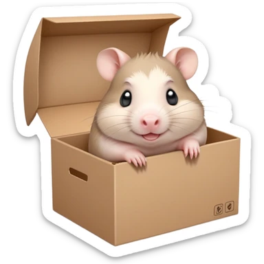  A very cute gery young happy Dutch pig hamster with one's head tilted to one side poked its paws out of the cardboard big box and placed them on top of it sticker