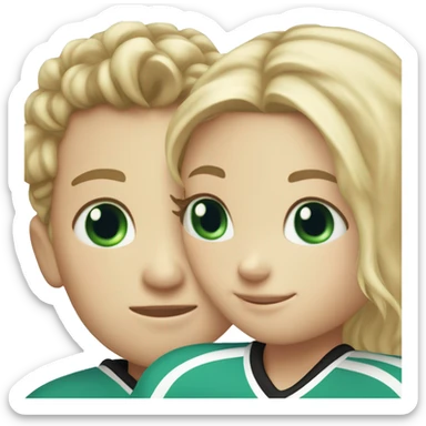 A hockey boy and a figure skating girl hugging the girl has blond hair and blue eyes the boy has black hair with green eyes  sticker