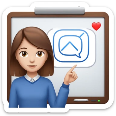 Make an emoji of a girl (no glasses) with brown hair who is teaching how to use iMessage on a board sticker