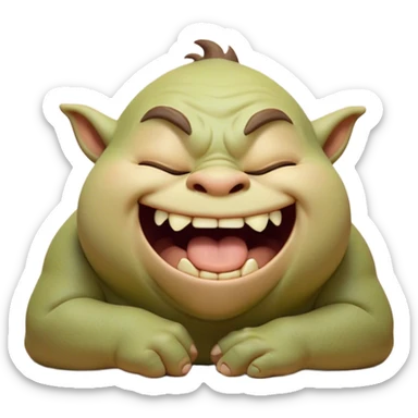 Cinematic Cute Yawning Ogre Portrait Emoji, with a surprisingly cuddly, rotund figure in soft earthy greens and browns, head tilted back in a big, gentle yawn exposing a set of comically oversized teeth, simplified yet irresistibly adorable, highly detailed with a soft glowing outline that captures the sleepy charm of a friendly ogre after a long day of gentle mischief! sticker