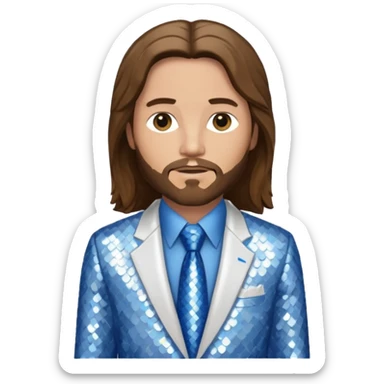 Jesus Christ from Christian Mythology with long brown hair, white sequin suit jacket and tie, blue shirt sticker