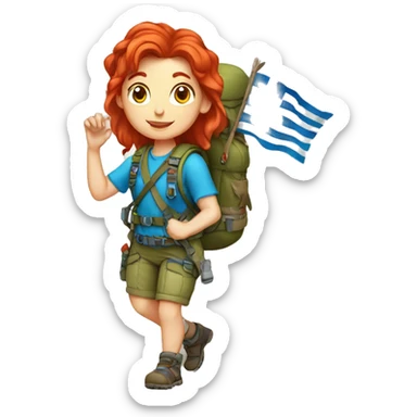 Female mountain climber red hair climbing with Greek flag on backpack and holding Easter eggs basket sticker
