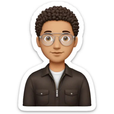 Latino man with oval face, clear lens aviator glasses with metal frames, bald sides with curly hair on top, friendly expression, brown skin, black shirt sticker