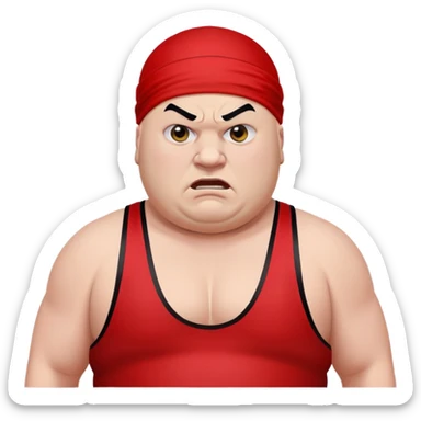 Close-up of white skin fat guy with prominent black durag, completely shaved face, no beard or mustache, black eyes in a red and black wrestling singlet with angry face sticker