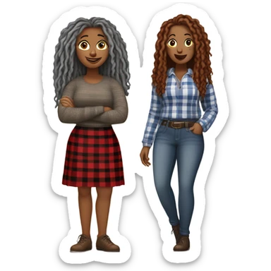 1st Curvy woman gray locs wearing pants  2nd curvy woman is brown with red locs in a skirt with a plaid sweater shopping sticker