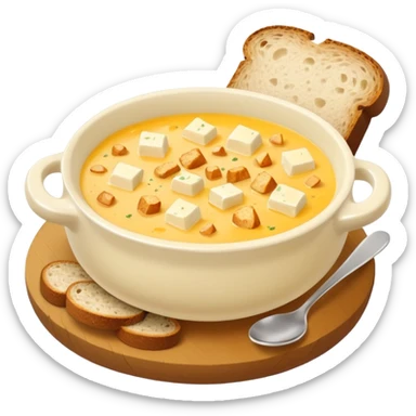 cheese soup with lard and garlic, and cubes of dry dark bread sticker