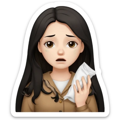 a pretty bratz fair girl wearing a brown pajamas, dark circles, crying, holding tissues. black hair sticker