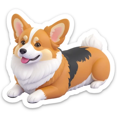 cool redhead tri color corgi, lying down, relaxed, fluffy fur, white, tan, and black markings sticker