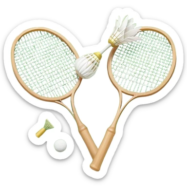 Two crossed badminton rackets with a shuttlecock resting in between, set against the faint outline of a badminton court. The image highlights the tools of the sport, with a subtle emphasis on the court's net and boundaries, symbolizing competition and skill. sticker