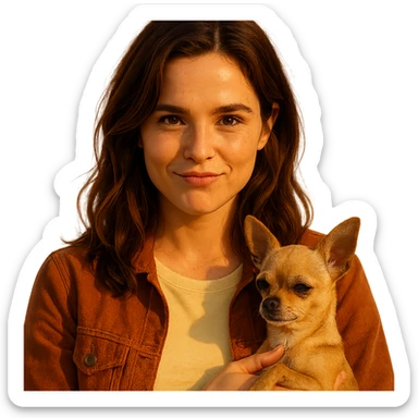 portrait centered of a woman inspired by the face of Zoe Deutch, tanned complexion, subtle freckles, playful and determined expression, medium-length brown hair with auburn highlights, shirt color #FFF8CA, rust-colored jacket, holding a beige-brown chihuahua, golden hour effect, transparent background, Netflix series style sticker