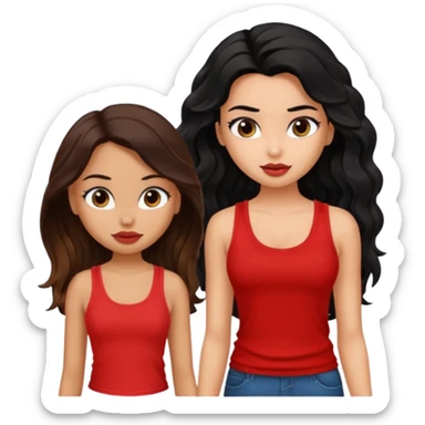 generate a pretty tan bratz girl with brown wavy hair long wearing a red tank top talking to a girl with black hair sticker