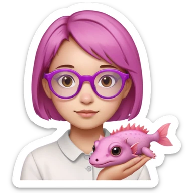 Una niña con gafas redondas en rosa, pelo castaño, corto y recogido, ojos marrones y de mascota un ajolote morado sticker