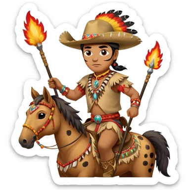 Male Chief Osceola wearing traditional Seminole garb and face paint , riding Appaloosa horse while holding a Native American spear that has feathers on tail and flames on spear head sticker