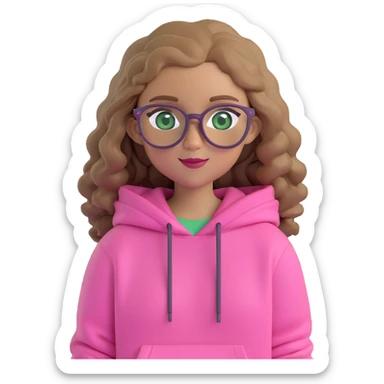 girl with dark blonde wavy hair, green eyes, wearing a pink hoodie and brown glasses, friendly expression sticker