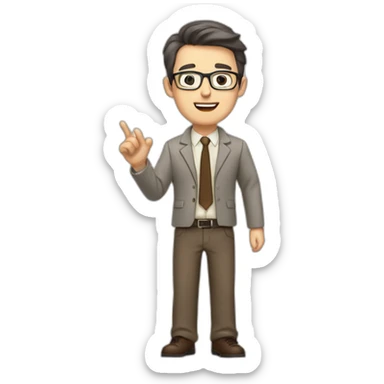 To belt Actively gesturing with hands Pale skinned fit man teacher with dark brown hair in gray jacket, beige office shirt, brown tie, brown pants and vintage glasses. sticker
