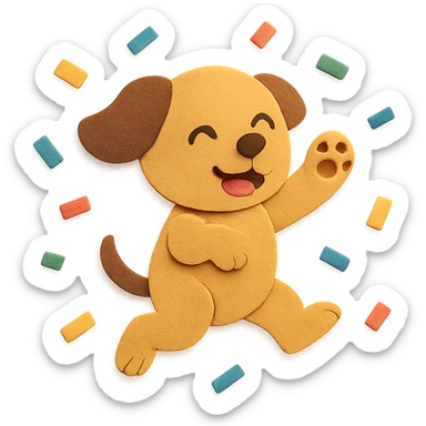 highly detailed, high quality paper craft style illustration of a puppy jumping through confetti with a paw up in celebration, intricate textures, soft lighting, delicate cut-paper details sticker