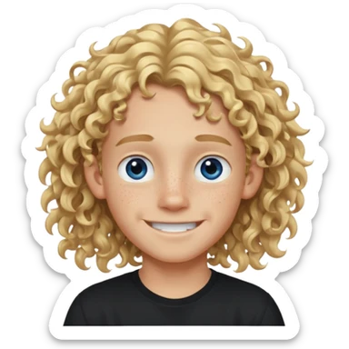 blonde boy with long curly hair past his ears, smiling, wearing a black shirt with freckles and blue eyes sticker