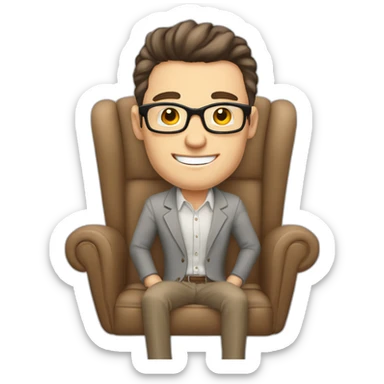 Joyful Pale skinned Fit Man With dark brown hair in gray jacket, beige office shirt, Brown pants and vintage glasses sitting In a soft chair. His thrumbs up sticker