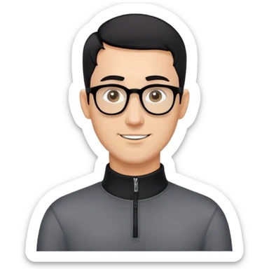 Caucasian man with black hair cut extremely short (almost buzz cut), short beard with gray streaks, large black eyeglasses, cheerful expression, black long sleeve shirt with quarter zip collar sticker