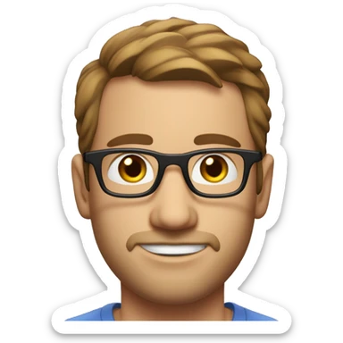 A head and shoulders shot of a 34 year old unknown man, with short brown hair, with stubble facial hair,  wearing glasses with unknown eyes wearing a t-shirt. sticker