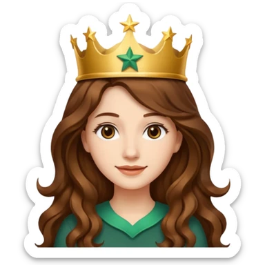 Apple style 3D emoji of a young woman inspired by the Starbucks logo. She has long wavy hair on both sides, a crown with a star on her head, and a soft smile. Smooth, shiny, simple emoji look. sticker