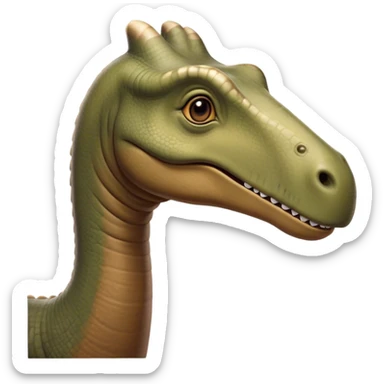 Cinematic Noble Brontosaurus Portrait Emoji, Poised and majestic, with a colossal, elongated neck stretching gracefully from a massive, sturdy body draped in warm, earthy tones, a gentle, wise face with soft, observant eyes, and a long, elegant tail, Simplified yet grandly defined features, highly detailed, glowing with a soft, ancient luminescence, high shine, intelligent and serene, stylized with an air of prehistoric grandeur, focused and calm, soft glowing outline, capturing the essence of a watchful and confident Brontosaurus that appears ready to loom out of the screen with effortless majesty! sticker