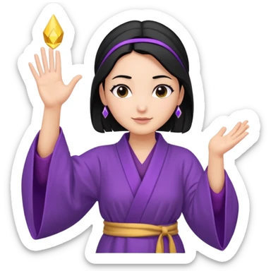 female wizard with black hair in a low bun with both hands palm up sticker