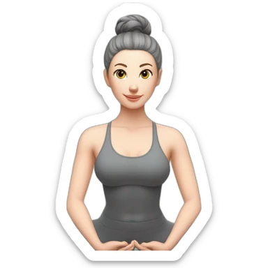 Pale skinned fit woman In a gray tight yoga suit and wristbands With black hair in a bun sits in the lotus position sticker
