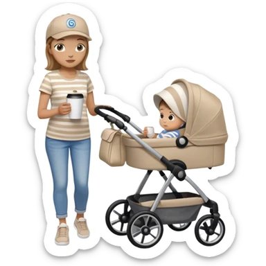 A mom with a brown stroller, a coffee cup attached to it. Inside, a 6-month-old baby boy with light brown hair and blue eyes. The mom is wearing a beige T-shirt and a matching beige cap. The baby is dressed in white sneakers, a white and blue striped T-shirt, and jeans sticker
