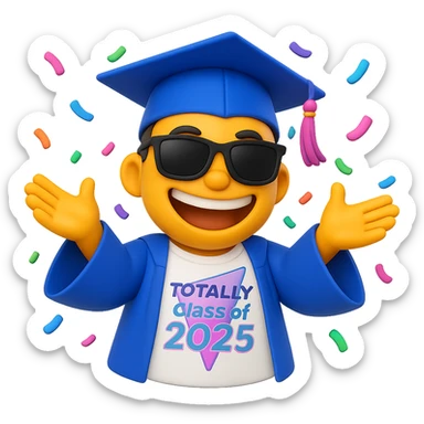 Create a cool emoji based on the person in the reference photo, wearing a graduation outfit, with sunglasses and a big smile, throwing confetti, in a 3D cartoon style. Background should be transparent. sticker
