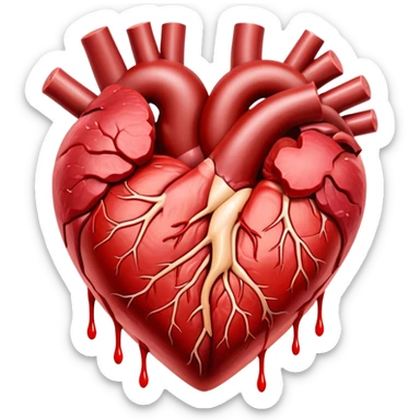 Glowing cuts of red meat and liver surrounding a bright red heart. Red blood cells float around the heart, with energy streams connecting the meat to the blood cells and heart, showing how iron-rich foods power circulation and vitality. sticker