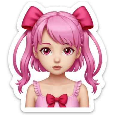 Faz uma garota de pele clara Seus olhos são grandes e rosa-avermelhados, sempre brilhantes e emotivos. O cabelo é rosa claro, preso em dois rabos de cavalo laterais com laços vermelhos, e sua franja é cheia, caindo sobre a testa de forma suave. sticker