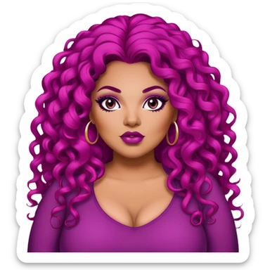 big plus size, darker tan skin, long magenta curly hair, baddie,pretty, makeup, lipliner, black eyeliner, long magenta hair sticker