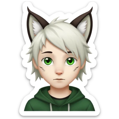 White cute boy with dark brown emo-style hair and white lynx ears sticker