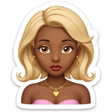 darkskin female with eyebrows that are naturally shaped and frame eyes well, eyes that are almond-shaped with defined lashes. nd lips are full with a defined cupid’s bow, add also a septum piercing that adds an edgy, stylish flair. a middle-part, honey blonde bust-down with laid baby hairs sticker