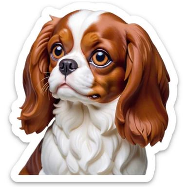 Cinematic Grumpy Blenheim Cavalier King Charles Spaniel Portrait Emoji, Head tilted slightly with a deeply unimpressed expression, thick Blenheim coat with pronounced chestnut and white markings, large, droopy brown eyes narrowed into an unamused glare, ears slightly drooping in exasperation, Simplified yet comically expressive features, highly detailed, glowing with a dry, sarcastic glow, high shine, effortlessly judgmental yet dignified, stylized with a touch of cynicism, bright but brooding, soft glowing outline, capturing the essence of an eternally unimpressed yet endearing companion, so lifelike it feels like it could sigh heavily at you in disdain at any moment! sticker
