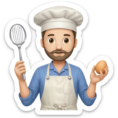 Middle aged male pastry chef - with a small beard, apron, white hat, holding an egg beater in his right hand, and his left hand naturally hanging down to his side sticker