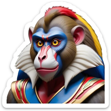 Cinematic Noble Mandrill Portrait Emoji, Poised and regal, with a striking, powerful build and a vivid, multicolored face accented by bold blue, red, and yellow hues, deep-set soulful eyes, Simplified yet sharp and sophisticated features, highly detailed, glowing with a vibrant, dignified glow, high shine, intelligent and commanding, stylized with an air of exotic majesty, focused and attentive, soft glowing outline, capturing the essence of a watchful and confident primate, so majestic it feels as though it could step out of the screen with effortless authority! sticker