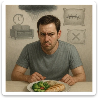 Realistic style illustration of a 30-year-old man sitting at a table, looking suspiciously at a plate of vegetables, brown rice, and chicken. Behind him, transparent and blurred symbolic elements: a storm above the head representing stress, a sewn mouth representing repressed emotions, a pillow with an X representing insomnia, and a sofa with a clock spinning representing sedentariness. Neutral atmosphere, realistic and symbolic style. sticker
