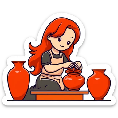 girl with long red hair making pottery sticker