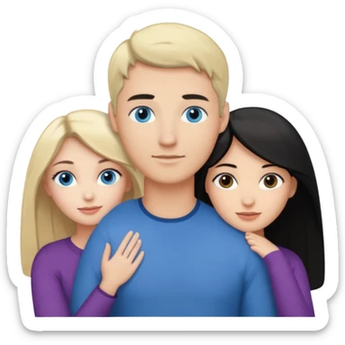 3 people. Throuple. Blank woman with blond hair and blue eye color on left. a blank man with black hair and grey eye color in the middle. And a blank woman with brown hair and grey eye color on the right. Holding each other  sticker