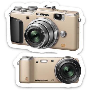 Minimalist Olympus Superzoom 70G camera from side angle, grayish-beige color, simplified profile showing characteristic silhouette with very few details sticker