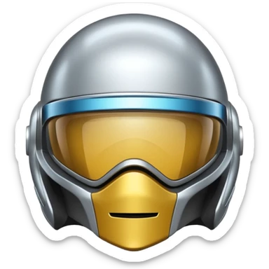 A futuristic helmet emoji made of silver chrome, smooth aerodynamic shape, minimal visor detail, reflective metallic surface, sci-fi aesthetic, iOS emoji style, centered on clean white background sticker
