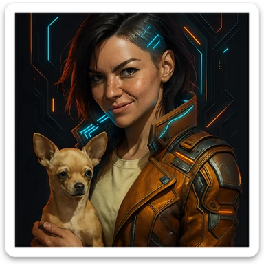 Portrait of a woman with tanned skin and subtle freckles, wearing a shirt in color #FFF8CA and a cognac jacket. She has medium-length brown hair with auburn highlights, a rebellious and playful expression. Futuristic style illustration with high-tech elements, metallic colors, and neon lights. She is holding a beige-brown chihuahua. Dark background. sticker