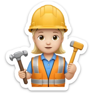 toddler wearing oversized construction helmet and safety vest holding tiny hammer, 3D emoji style sticker