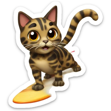 Tortoiseshell ￼ cat riding a surf board on a monster wave sticker