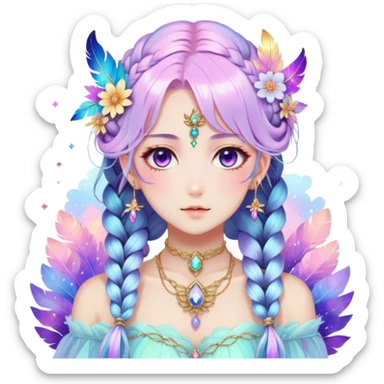Beautiful gorgeous anime lady with beautiful iridescent-nebula-braided-hair, fashion aesthetic, ethereal, fairycore, pastelcore, feathers, flowers, gems, accessories, jewelries, gold, colorful sticker