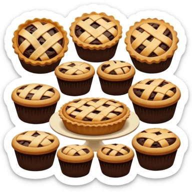 Baking community avatar in clean emoji-style illustration. Pies, cookies, and muffins grouped together, warm golden tones, simple shapes, flat design, high contrast, cozy and friendly. sticker