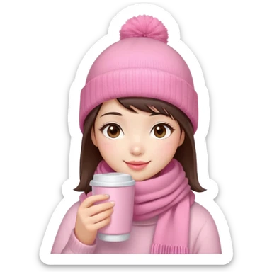 Cute East Asian girl, soft fair skin, big brown eyes, long lashes, natural pink lips, inward brown bob with straight bangs. Wearing pink beanie and scarf, rosy cheeks, shy smile, holding warm drink, snow,  sticker